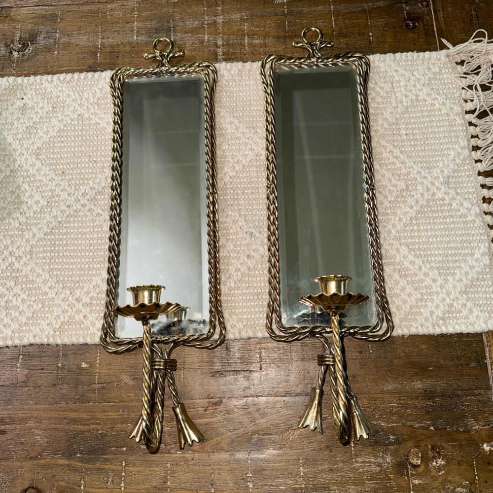 VTG Homco Gold Rope-Trim Wall Mirrors with Candle Sconces - Pair